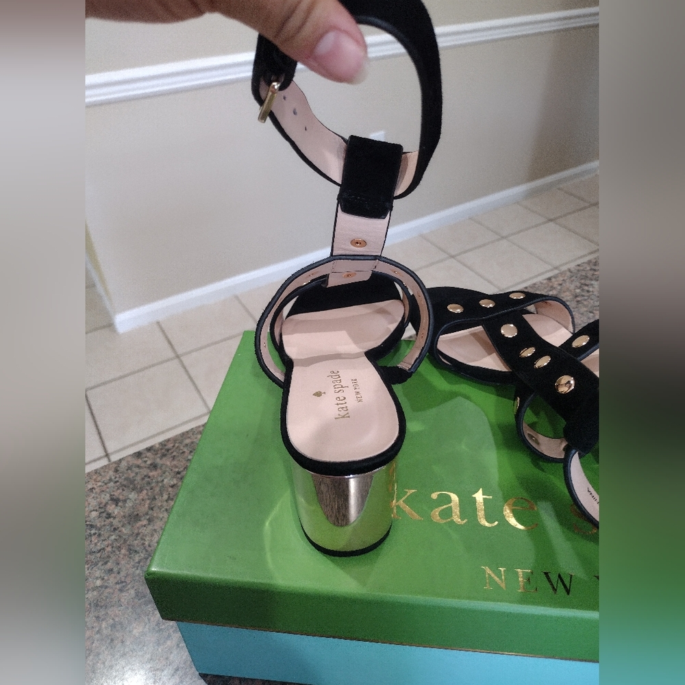 NWT Kate Spade Oakwood City Studded Suede & Gold Wedge Chunky Heel Sandal - Picture 6 of 9
